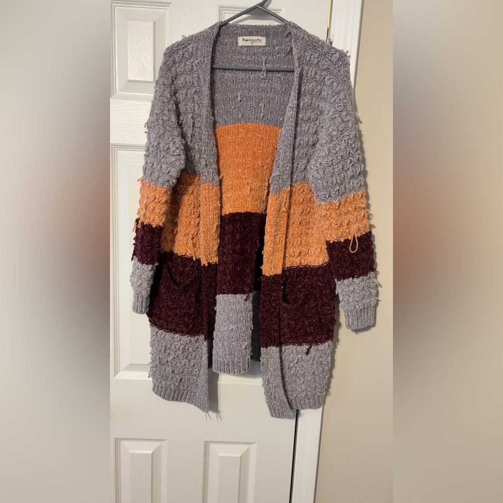 Isaac Mizrahi Gray, Orange, and Burgundy Textured Cardigan